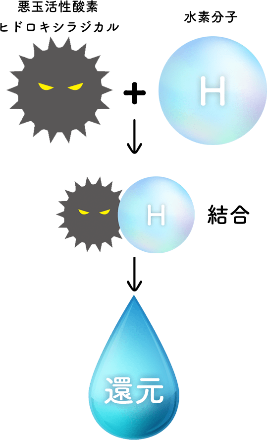 悪玉活性酸素ヒドロキシラジカルと水素分子が結合し、還元